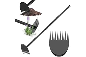 TIEMLET Hoe Garden Tool, Weeder Tool for Yard Long Handle, 17 to 60 Inch Adjustable Garden Hoe with 8-Tooth Rake, 2 in 1 Hoe Gardening Tools for Weeding, Loosening Soil