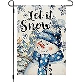 CROWNED BEAUTY Winter Snowman Garden Flag Let It Snow 12x18 Inch Double Sided Small Burlap Holiday Snowflakes Blue Flag for Outside Yard Decoration CF1644-12