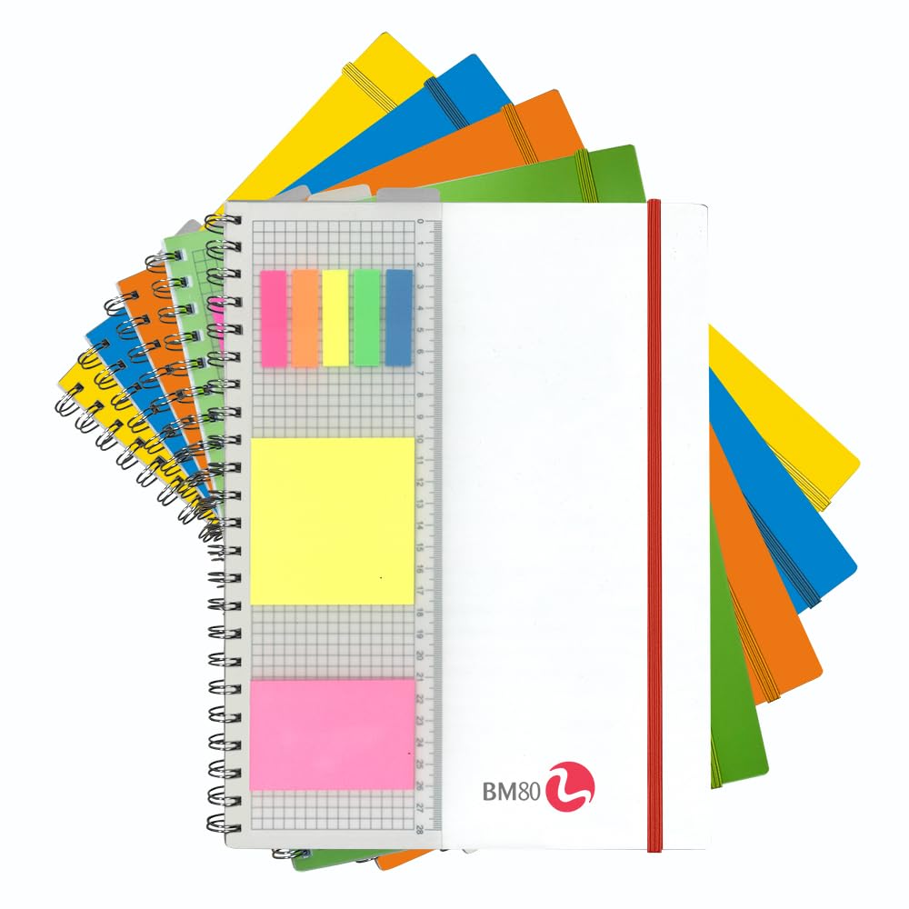 BM BeMore Spiral Block PPL with Ruler 0121212, Spiral Block with Holes A4 Format, Block with Ruler and Repositionable Stickers, Ruler 1R Ruler, Seine Margins, 80gsm Paper