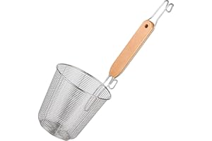 NESTINGHO Stainless Steel Large Pasta Basket Strainer with Wood Handle Noodle Strainer Spoon for Boiling