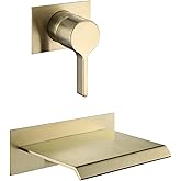 sumerain Wall Mount Tub Faucet Brushed Brass with Waterfall Tub Spout and Rough in Valve, High Flow