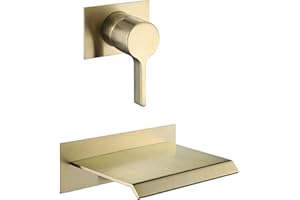 sumerain Wall Mount Tub Faucet Brushed Brass with Waterfall Tub Spout and Rough in Valve, High Flow
