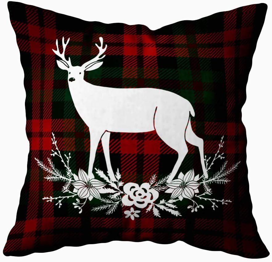 TOMKEY Christmas Pillow Covers 18x18,Merry Christmas Throw Pillow Cover Merry Christmas Greeting Card Invitation Reindeer Bouquet Floral Decoration Tartan Christmas Decorations Pillow Covers