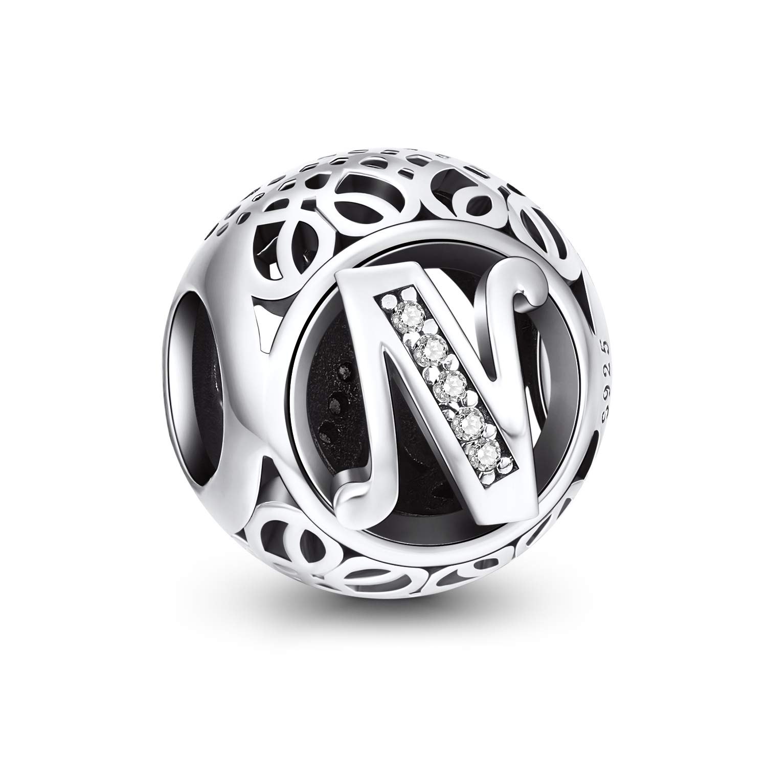 NINGAN Letter Alphabet Charm 925 Sterling Silver Charms Fits European Bracelets Compatible (N)