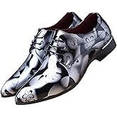 Men Fashion Shoes Dress Pointed Toe Floral Patent Leather Lace Up Oxford Black Brown Red Grey