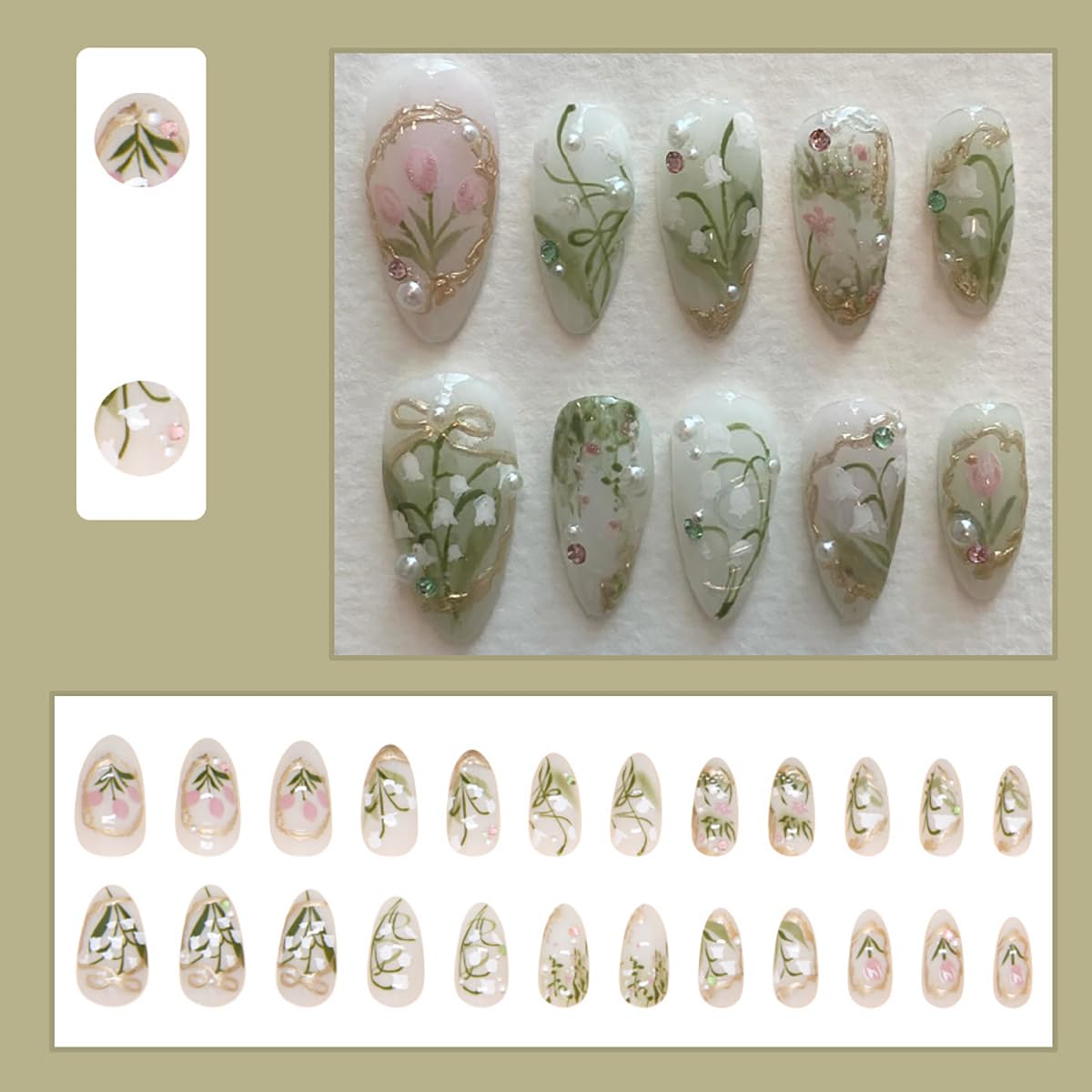 24Pcs Flower Press on Nails Medium Almond Fake Nails Tulip Orchid Design Artificial Acrylic Nails with 3D Rhinestones Pearl False Nails White Floral Glue on Nails Spring Stick on Nails Kit for Women - Image 2