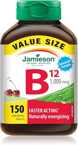Jamieson Vitamin B12 Methylcobalamin 1,000 mcg, Fast Dissolving, Faster Acting, Naturally Energizing, and Supports Metabolism. Vegetarian, Gluten-Free, Natural Wild Cherry Flavour, 150 Sublingual Tablets, Proudly Canadian