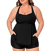 Summer Mae Plus Size Tankini Swimsuits for Women Two Piece Bathing Suit with Pockets Shorts Tummy Control Swimwear
