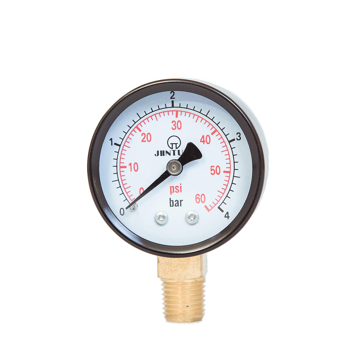 Dry air Pressure Gauge (Manometer), 2" (50 mm) Dia, 0-60 PSI/bar Range, 2.5% Accuracy, 1/4" NPT Male Brass Connection, Lower Mount, Glass Window, Black Painted Steel case