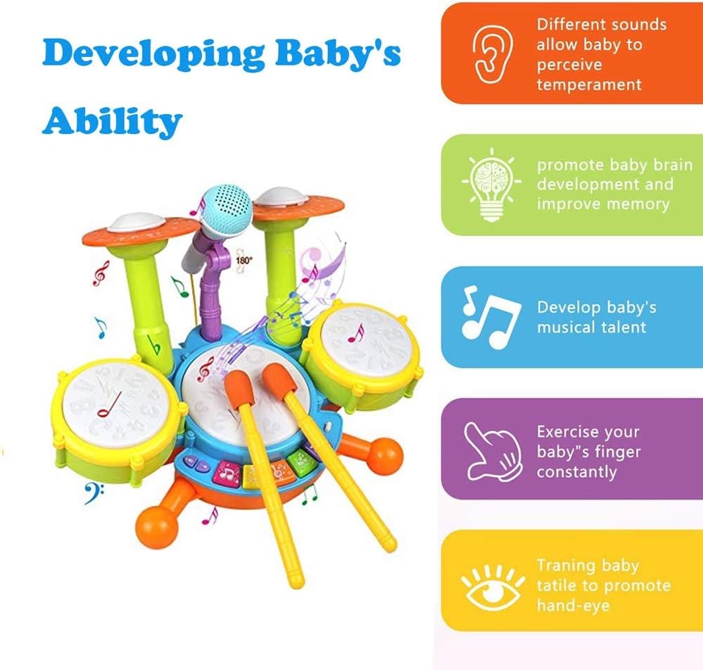 Cozybuy Kids Drum Set, Electronic Musical Instruments Toddlers Toys with 2 Drum Sticks, Beats Flash Light and Adjustable Microphone, Birthday Gift for 1-12 Years Old Boys and Girls: Toys & Games