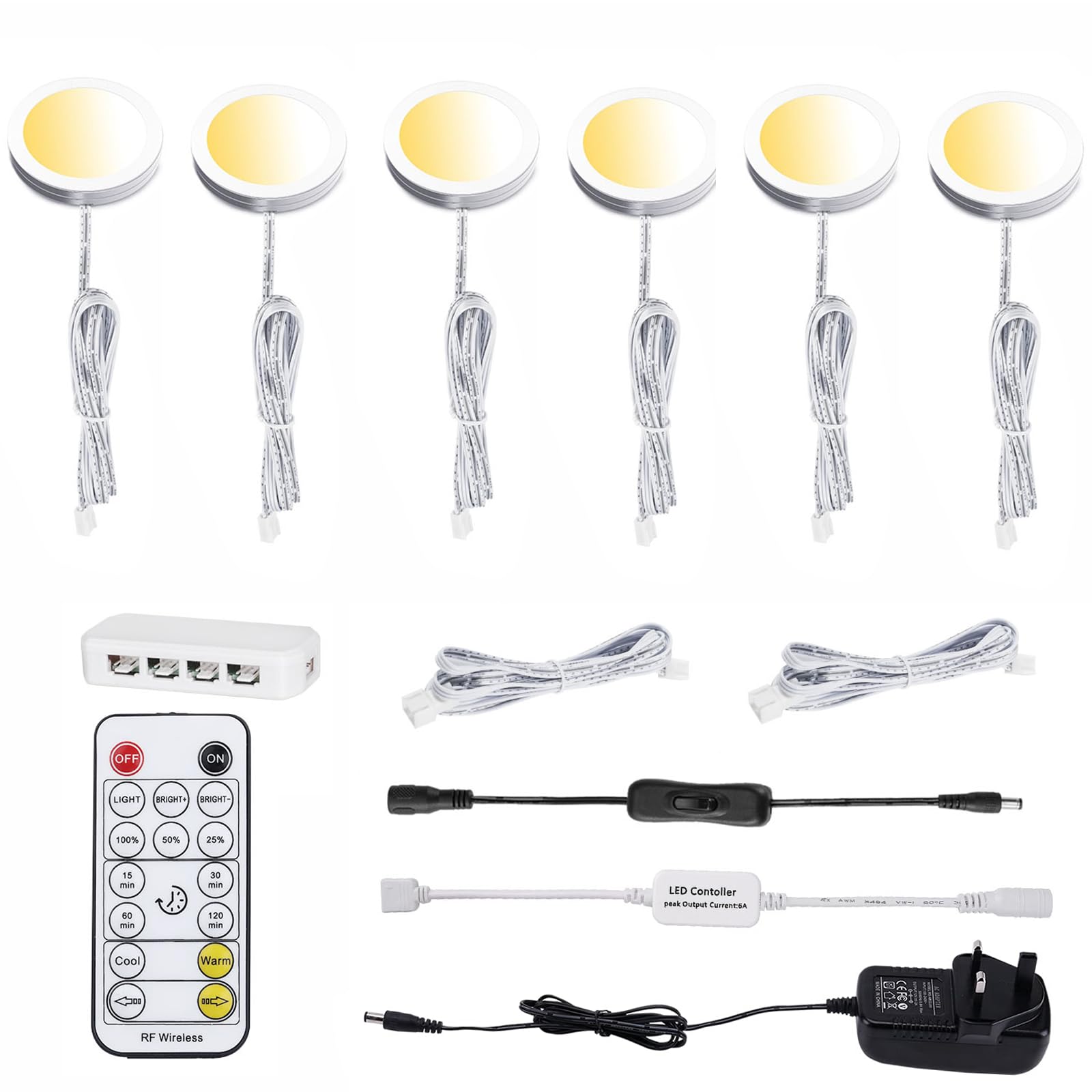 AIBOO LED Under Cabinet Kitchen Lights Kit Set of 6,Adjustable Colour Temperature 2700K-6000K Under Cupboard Kitchen Lightwith Remote,Under Counter Lights with Dimmable for Counter Shelf