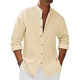 Runcati Mens Casual Linen Shirts 3/4 Sleeve Button Down Banded Collar Summer Beach Shirt