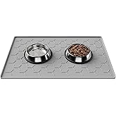 Pieviev 24''x16'' Dog Cat Food Bowl Mat, Silicone Waterproof Food Grade Pet Food Mat for Floor, High Raised Edge to Prevent Spills, Non-Slip & Easy Clean Pet Placemat for Dog & Cat Bowls, Light Gray