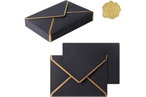 Topeen 50 Pieces A7 Envelopes with Gold Border, 5.24 x 7.21 Inches Envelopes with Gold Stickers for Greeting Cards and Invitation (Black, A7-5x7)
