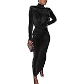 xxxiticat Women's Turtleneck Velvet Maxi Dress Long Sleeve Casual Wide Shoulder Pad Ruched High Neck Bodycon Dresses