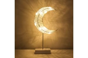Lewondr Decorative Table Lamp, Battery Powered Christmas Moon Shape Ramadan Desk Lamp, Winding Thread Warm LED Crescent Light Xmas Home Bedroom Romantic Bedside Desktop Nightstand Decoration - White