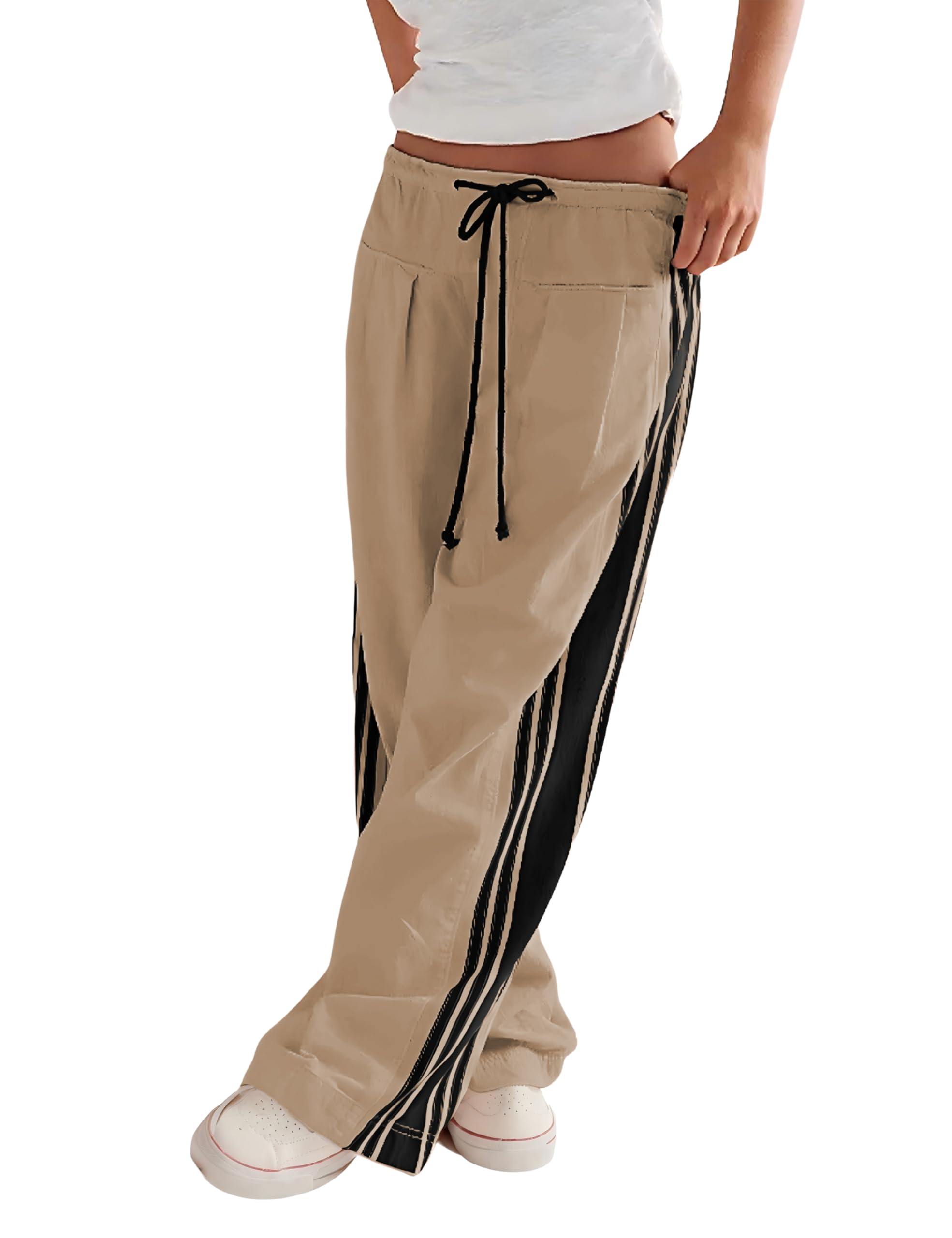 Photo 1 of Hongsui Women's Wide Leg Pants Drawstring High Rise Side Striped Slouchy Palazzo Pants with Pockets (Khaki-XL)