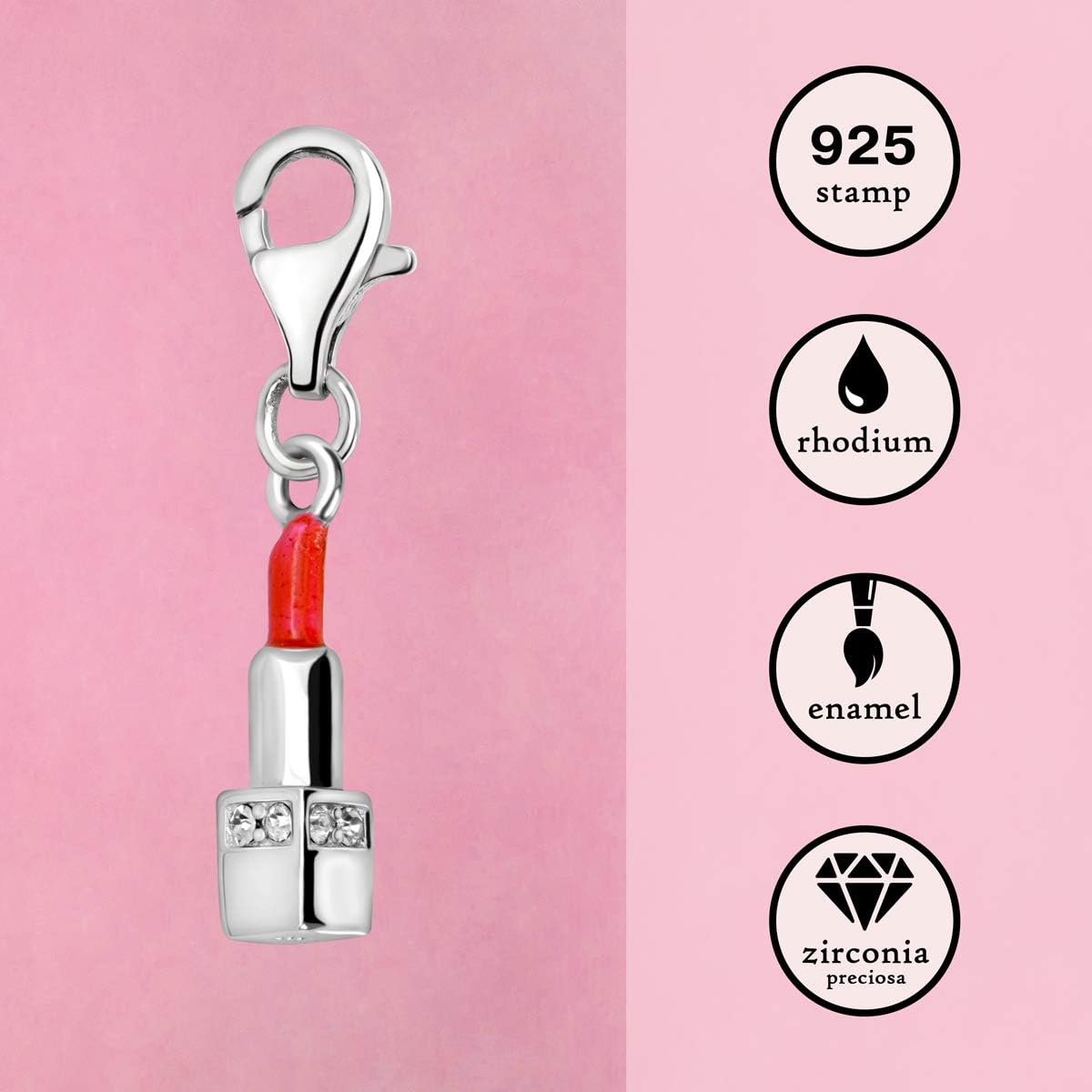 Quiges 925 Sterling Silver White Cubic Zirconia and Red Enamel 3D Lipstick Lobster Clasp Charm Clip on Pendant - Image 4