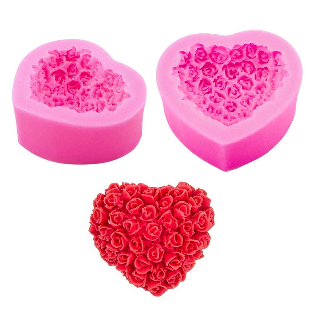 WANDIC Silicone Mold, Set of 2 3D Heart Shape Rose Soap Mould for Soap Candle DIY Toys Decorative Ornaments Art Craft, round & rectangular