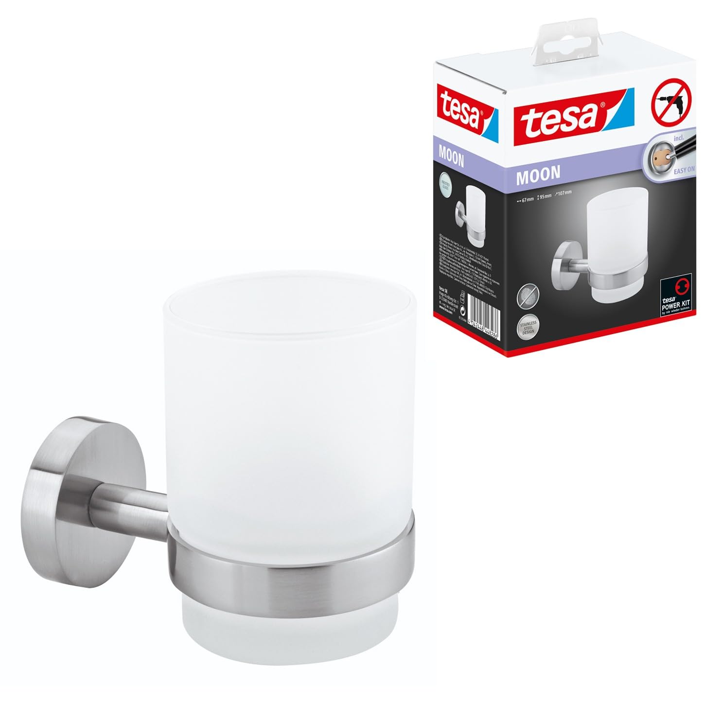 tesa MOON Toothbrush and Toothpaste Holder - No Drill Wall Mounted Satined Cup with Chrome-Plated Holder, Stainless - Waterproof - Includes Removable Glue Solution