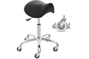 E-Motie Saddle Stool with Wheels, Swivel Adjustable Rolling Stool PU Leather Saddle Chair, Ergonomic Drafting Salon Stool for Massage, Clinic, Lab, Office, Beauty, Tattoo, Medical (Black)
