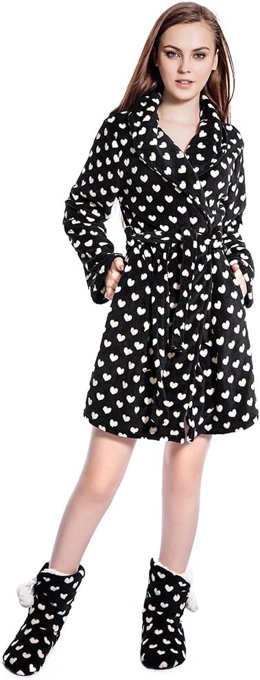 FRALOSHA Ladies Bathrobe Stylish Bathrobe and Boots Wool Slippers, A Set of Warm Wnter Clothing (Black)
