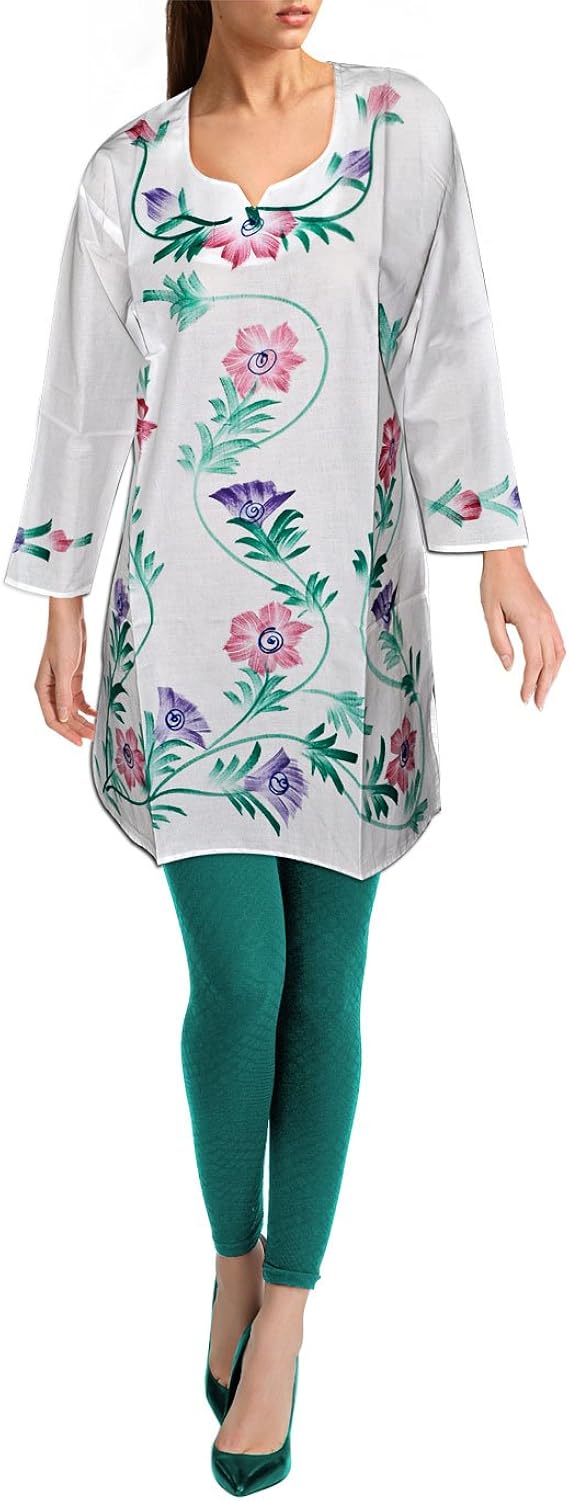 Off White Green Floral Painted Cotton Kurti Clothing