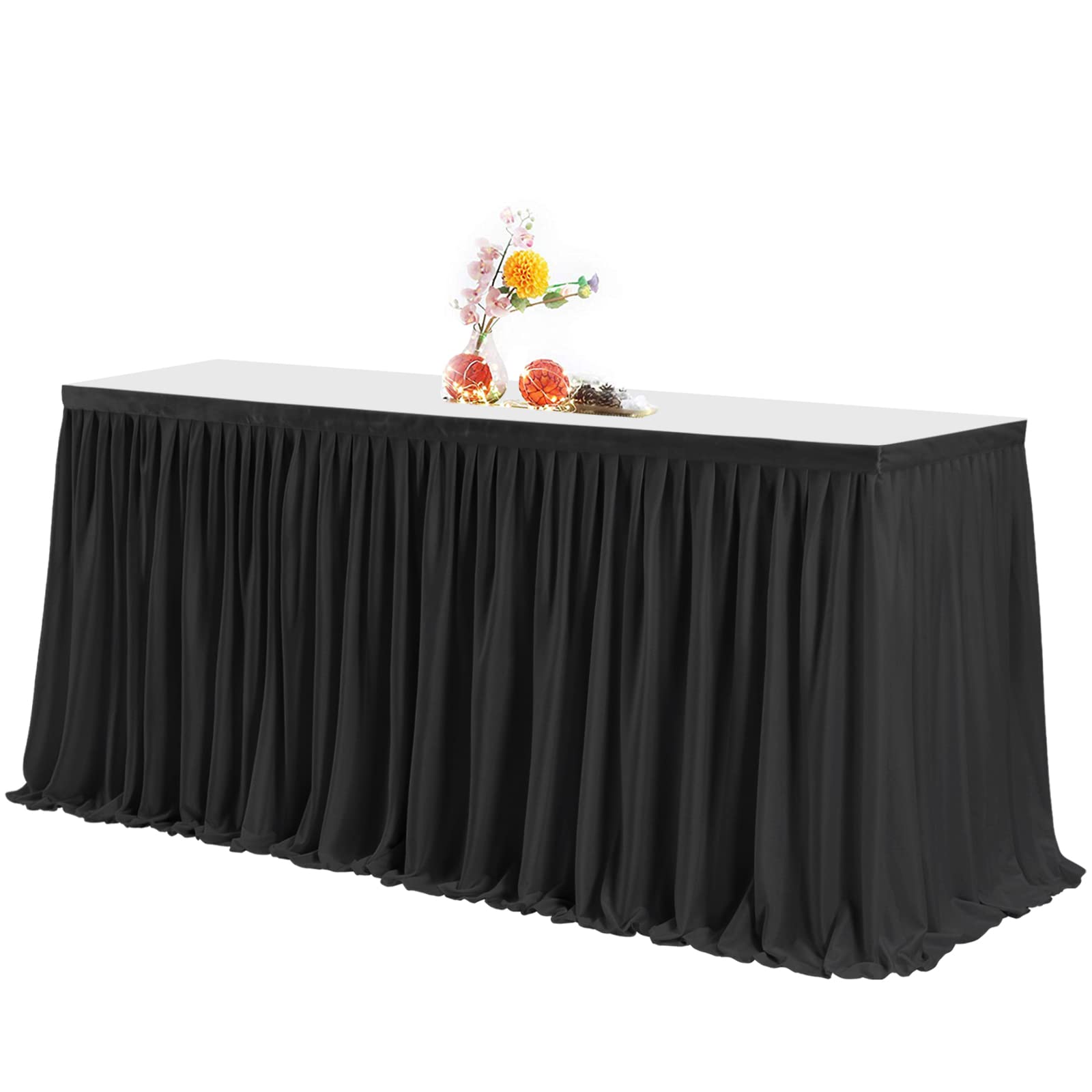 Photo 1 of PARTISKY Black Polyester Rectangle Table Skirt, 6ft x 72in, Wrinkle Resistant, Pleated Ruffle, Perfect for Banquet, Wedding, Trade Show, Dining Table