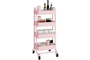 ELITEHOUSE 4-Tier Pink Rolling Cart,Metal Utility Rolling Cart with Handle,Multifunction Rolling Carts with Wheels,Kitchen Storage Carts Suitable for Office,Home,Kitchen,Garden（13.4"x18.1"x40"） Pink