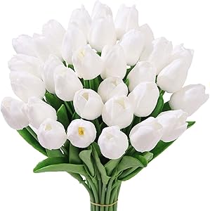 Tifuly 24 Pcs Fake Tulips Artificial Latex Tulips Real Touch Bridal Bouquet for Home Table Party Wedding Decoration(White)