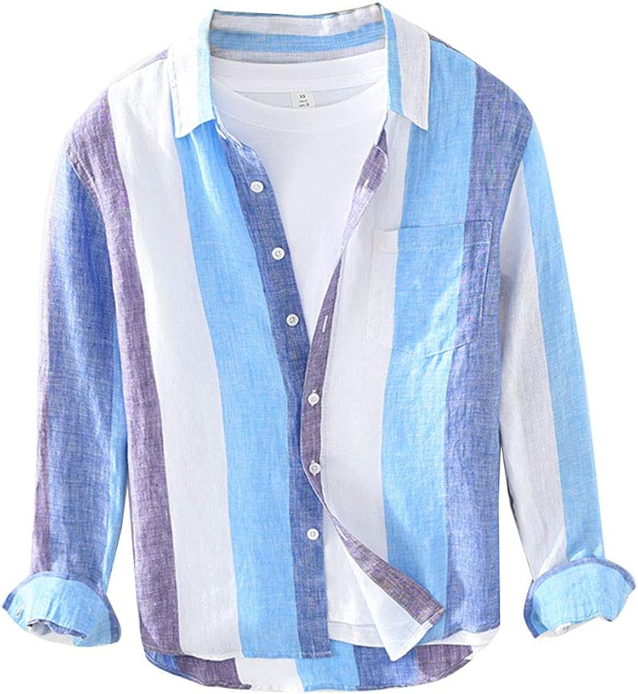 GuoCu Men's Long Sleeves Linen Shirt Vertical Stripes with Turndown