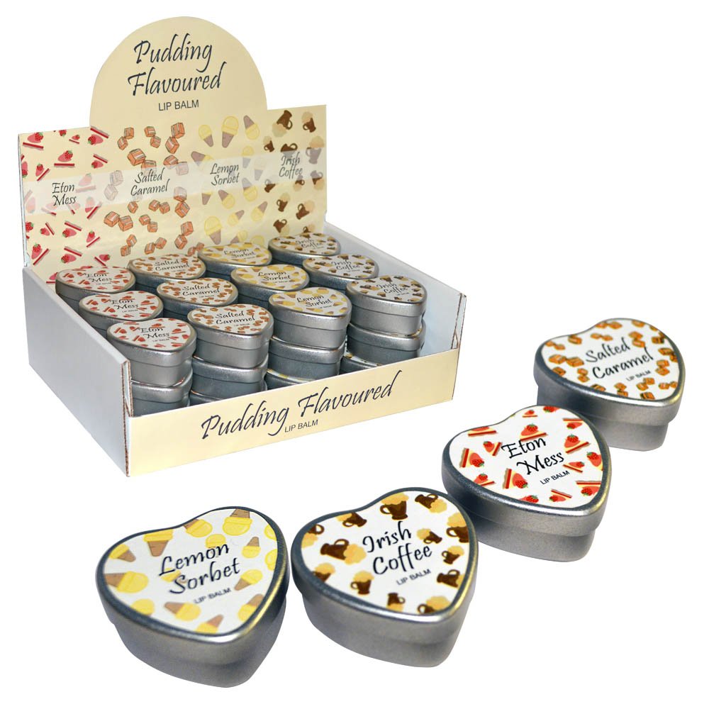 Novelty Pudding Flavoured Lip Balm Counter Display Unit 36 x 20g Heart Shaped Tins Amazon.co.uk