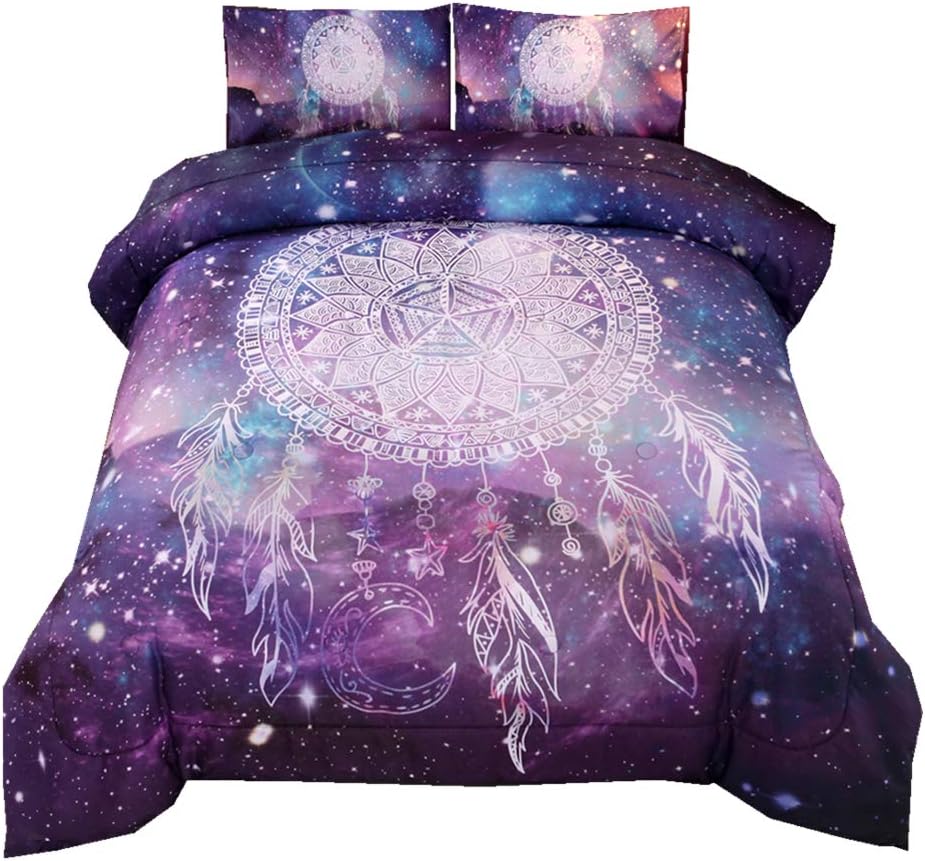 NTBED Galaxy Dream Catcher Comforter Set Queen Purple, 3-Pieces Bohemian Mandala Quilt, Psychedelic Dreamcather Starry Sky Bedding Set for Adults Teens Girls (Purple, Queen)