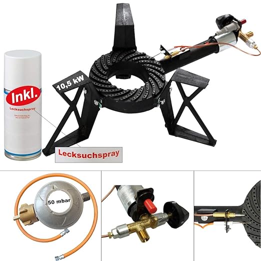 CAGO 3-Bein Gas-Hockerkocher 10,5 kW Gasbrenner Gaskocher mit Zündsicherung Piezozündung Gasschlauch Gasregler Lecksuchspray 