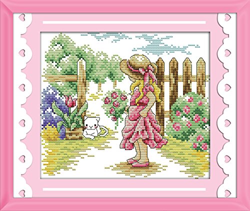 Stamped Cross Stitch Kits The Girl Seeing a Cat 14Count 26cmx21cm DIY Needle Work for Home Decor