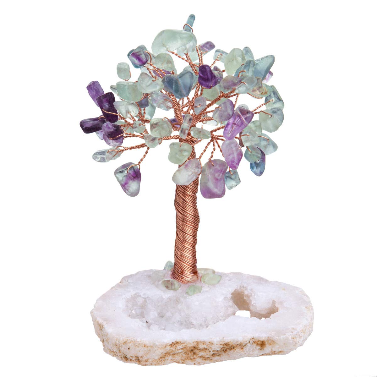 mookaitedecor Fluorite Natural Crystal Tree with Druzy Geode Quartz Base, Copper Wire Wrapped Fengshui Tree Figure for Office Home Decoration, Wealth and Happiness Symbol