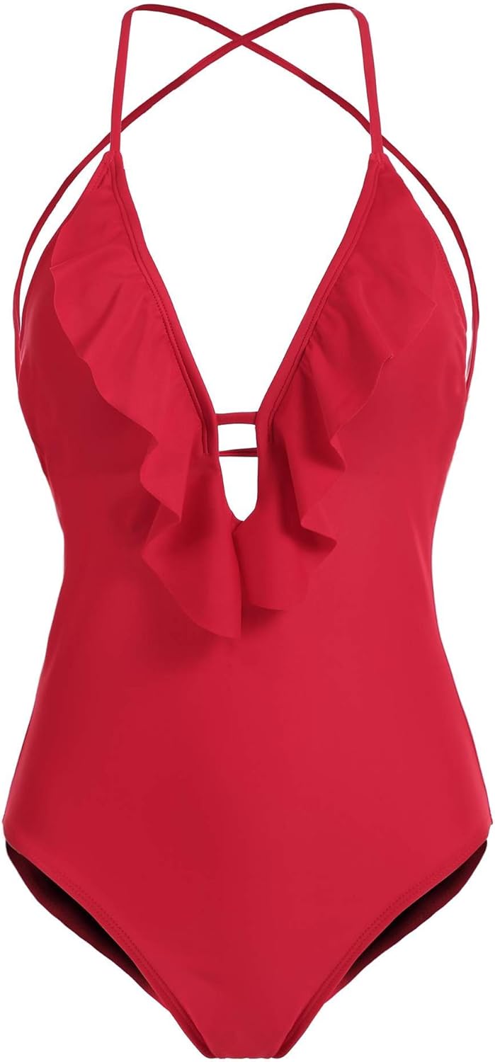 Ekouaer Swimsuit for Women Slimming One Piece Athletic Swimwear, Red, L