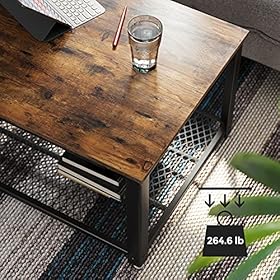 VASAGLE Coffee Table for Living Room, 2-Tier Cocktail Table, Center Table with Mesh Shelf, Steel Frame, Adjustable Feet… 61FE94UkbkS
