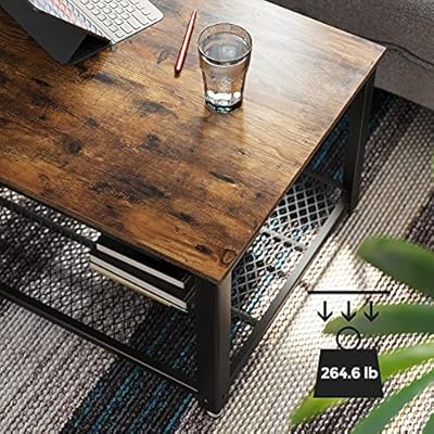 VASAGLE Coffee Table for Living Room, 2-Tier Cocktail Table, Center Table with Mesh Shelf, Steel Frame, Adjustable Feet… 61FE94UkbkS