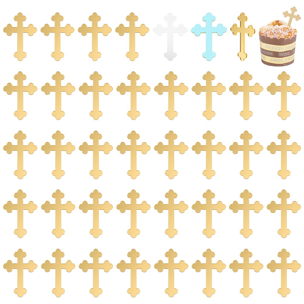 Photo 1 of FINGERINSPIRE 40 Pcs Cross Cake Toppers Gold Mirrored Acrylic Crossing Cupcake Toppers Cross Cake Decorations Cross Cake Charm for Baptism, Religious Celebration, Babyshower, Wedding Christian Decor