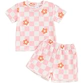 Thorn Tree Toddler Girl Clothes Floral Plaid T-Shirt & Elastic Waistband Shorts Summer Outfits for Girls