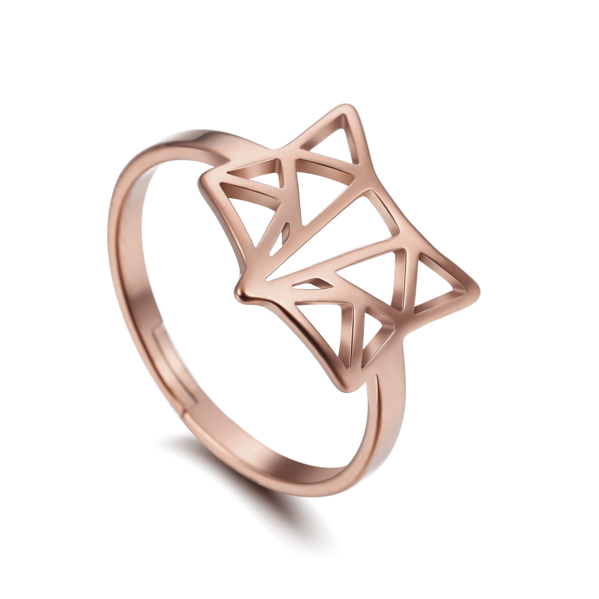 Amaxer Stainless Steel Adjustable Rose Gold Fox Ring Hollow Out Origami Animal Ring for Women