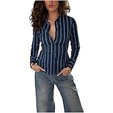 Women Slim Fit Button Down Striped Shirt Long Sleeve Fitted Button Up Shirt Vintage Y2K Pinstripe Collared Blouse