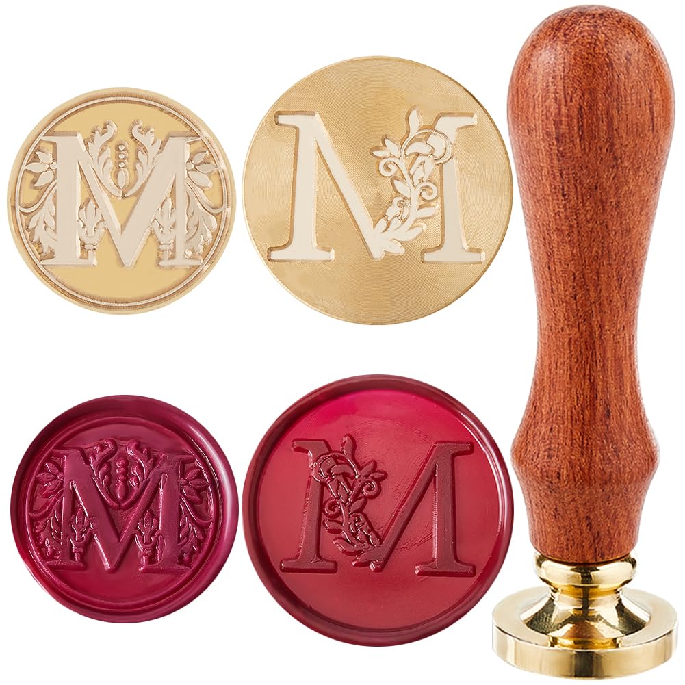 CRASPIRE 2 Styles Letter M Wax Seal Stamp Head Initials Vintage Retro Alphabet 25mm Removable Brass Head Set with 1Pcs Wood Sealing Stamp Handle for Wedding Envelopes Invitation Gift Decoration
