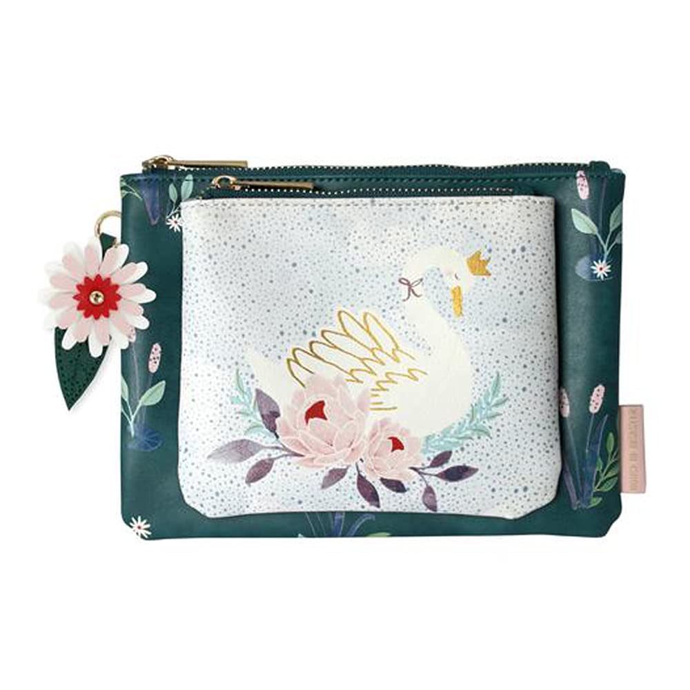 Make-up Bag for Handbag Cosmetics Bag Pencil Case with Zip, Secret Garden Swan, 15.5 x 20 x 2 cm