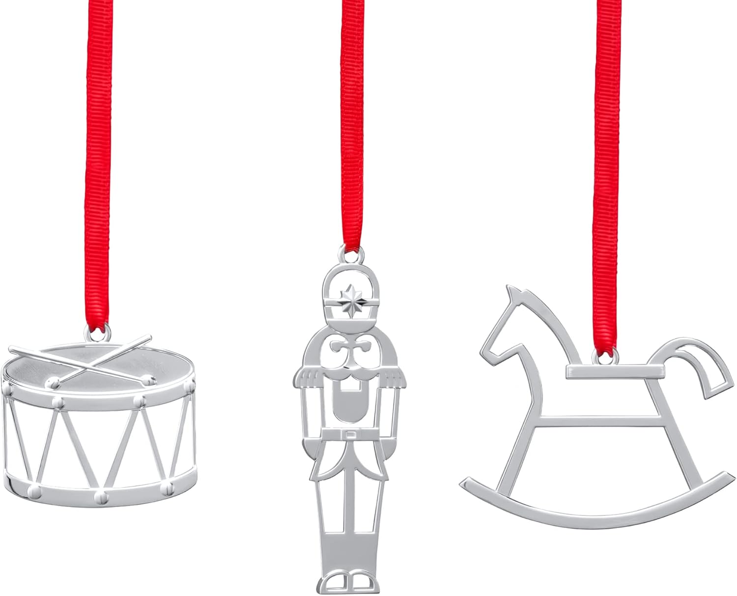 Nutcrackers - nambe Assorted Mini Ornaments, Rocking Horse, Drum, Nutcracker | Set of 3 Hanging Ornaments for Holiday Décor | Made of Silver Plate | Designed by Mike Altomari