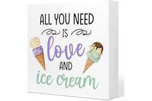 RUVOTY All You Need is Love and Ice Cream Inspirational Wooden Plaque Sign Desk Decor,Rustic Summer Ice Cream Wood Block Sign Desk Decorations for Home Living Room Office Garden Shelf Table Decor