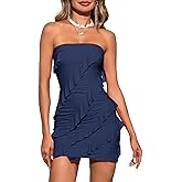 Wenrine Women's Sexy Strapless Mini Dress Summer Bodycon Sleeveless Mesh Ruffle Casual Tube Top Club Party Dresses