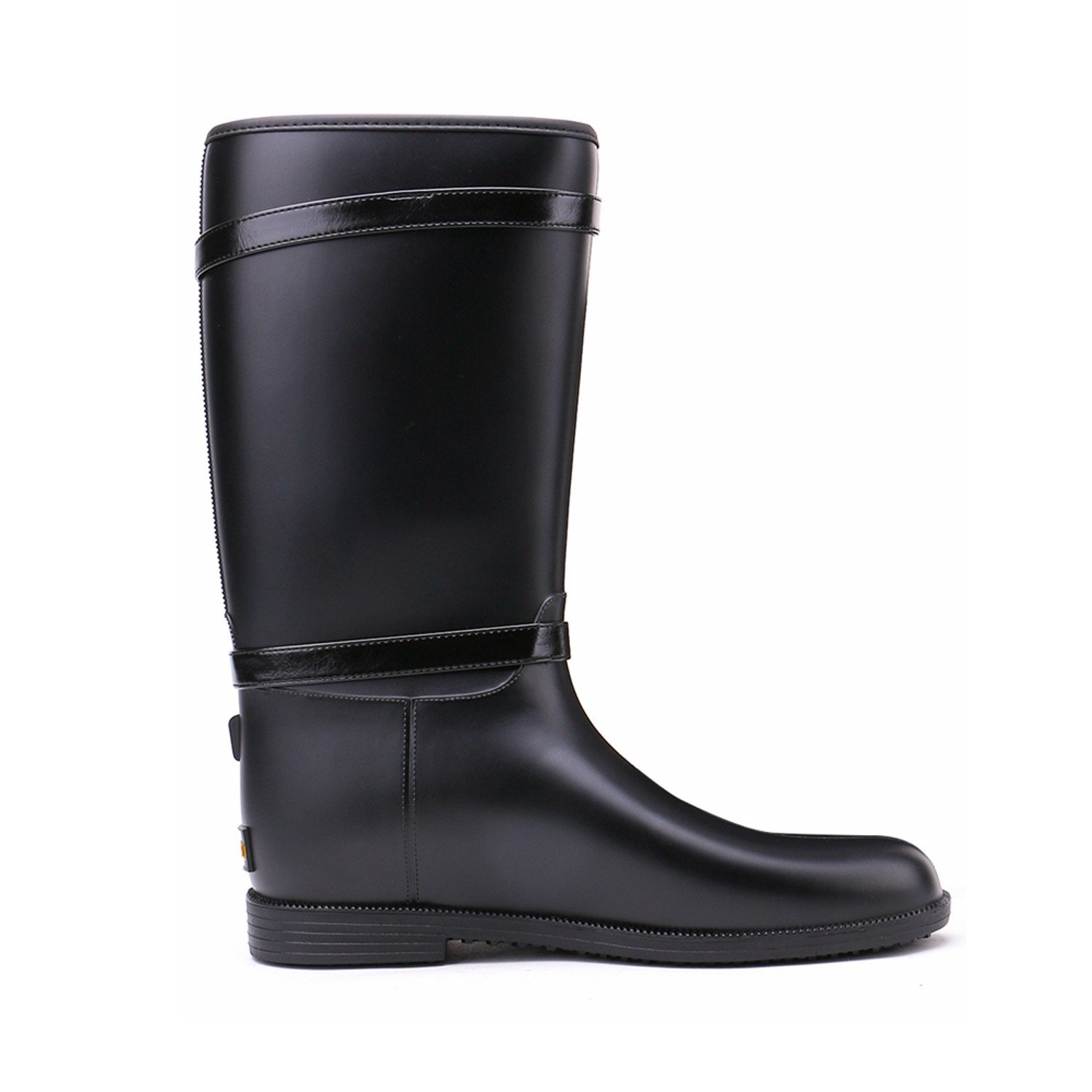 brooklyn walk women's mid-calf gumboots buckle and zipper waterproof black rain boots