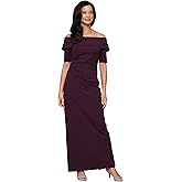Alex Evenings Womens Stretch Crepe Off The Shoulder Dress with Foldover Cuff Neckline and Elbow Sleeves, Floor Length